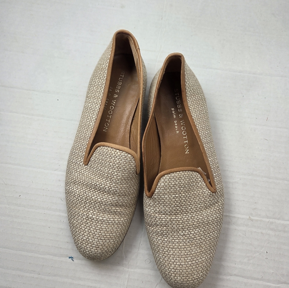 Stubbs & Wootton Palm Beach Natural Straw Strip Loafers Slipper Shoes